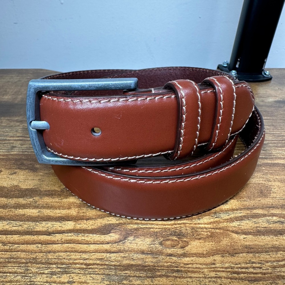Eddie Bauer Mens Cognac Brown Leather Belt Size 46 Contrast Stitch 014-3517